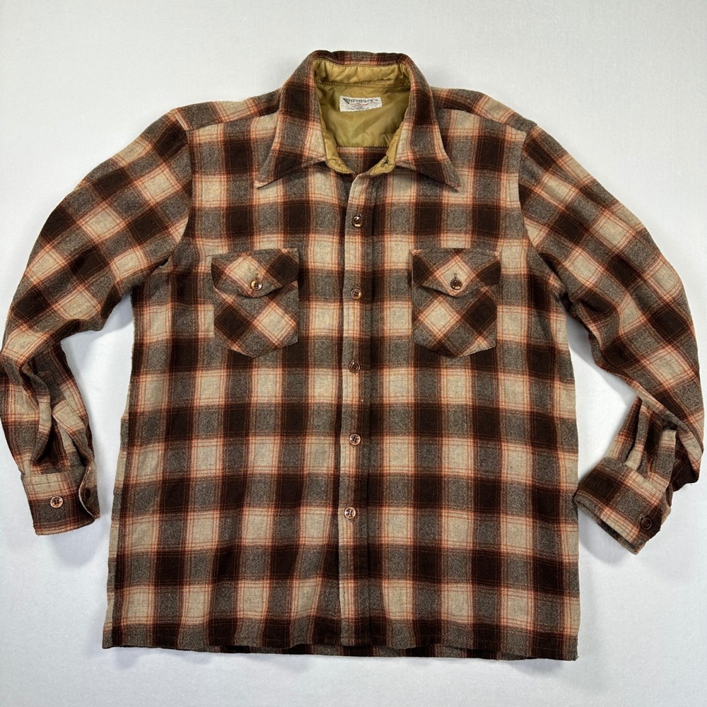 Vintage 70s Weinstock's Wool Plaid Flannel Shirt Large Brown Workwear Rugged